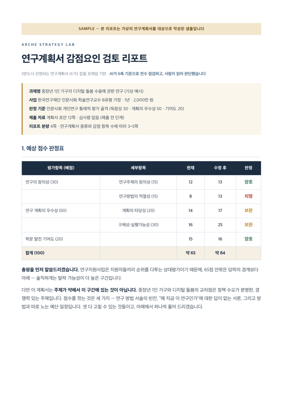 아르케 연구계획서 검토 리포트 샘플 1쪽
